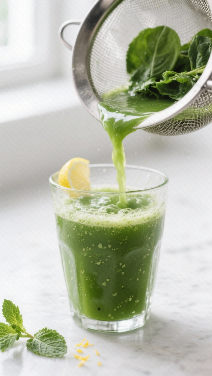 Close-up detail: A freshly strained green juice pouring through a fine-mesh sieve into a chilled gla