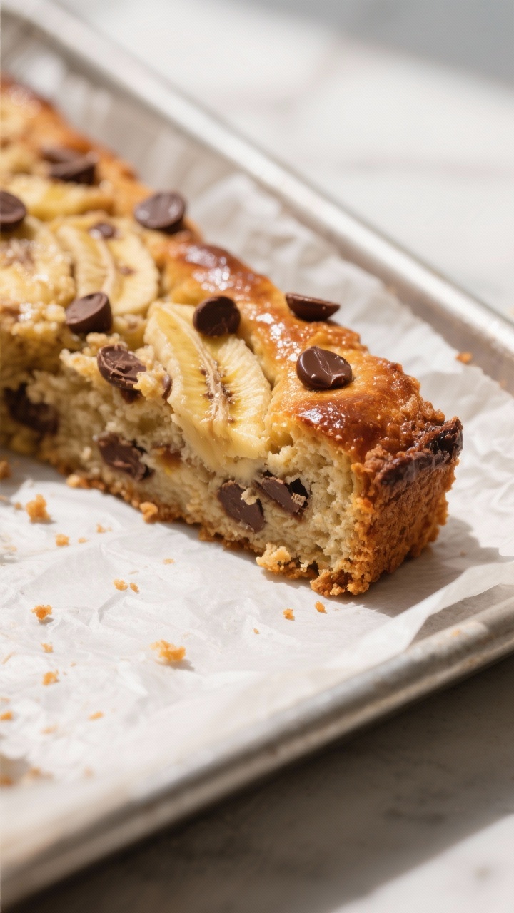Close-up detail: A glossy, freshly baked banana slice corner still in the parchment-lined 9x13 tray,