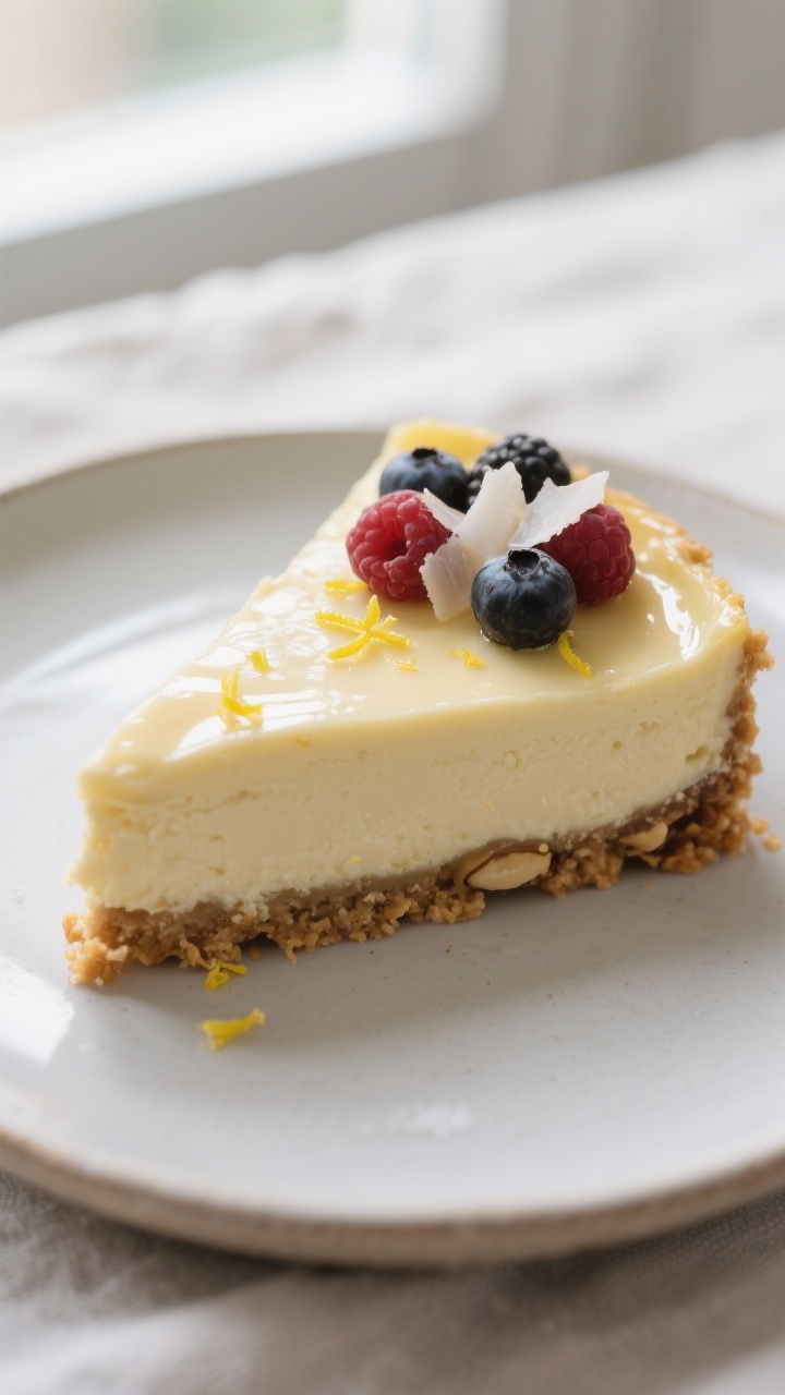 Close-up detail: A glossy slice of no-bake vegan gluten-free cheesecake just after the springform is