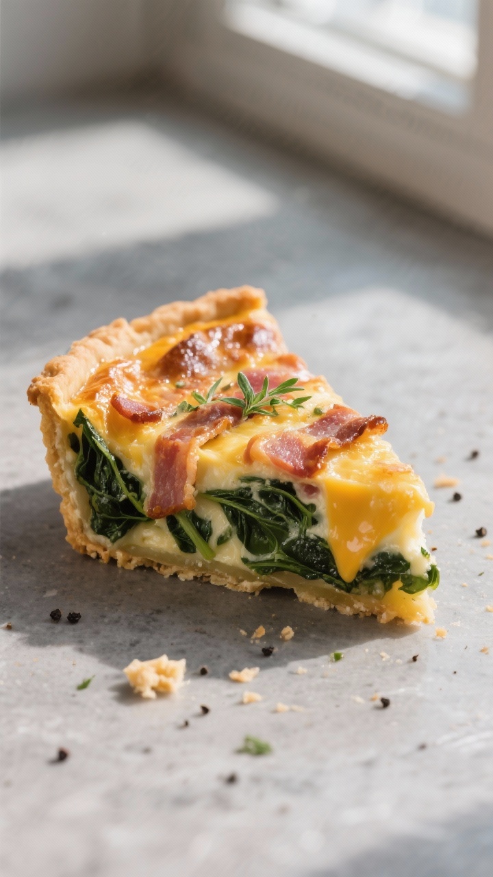 Close-up detail: A golden-brown slice of baked bacon and spinach quiche just after resting, showing 