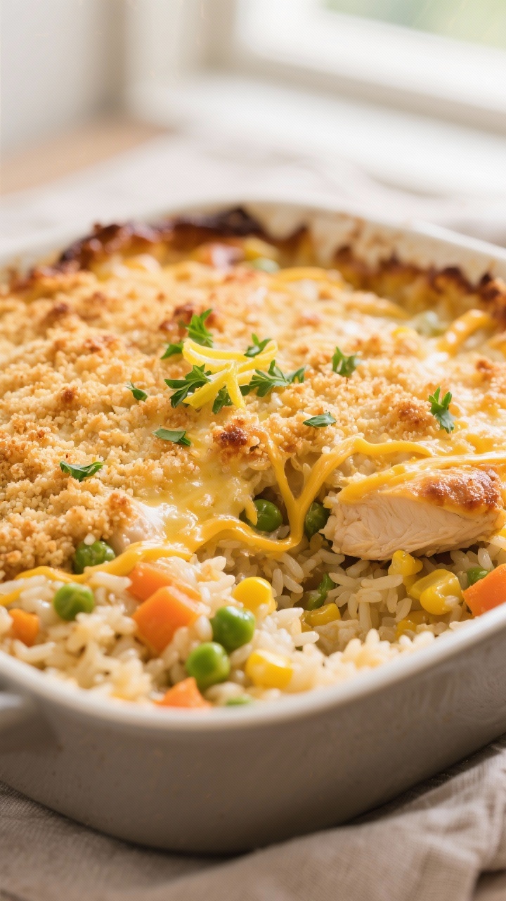 Close-up detail: A golden, bubbly chicken rice casserole just out of the oven, tight macro on the cr
