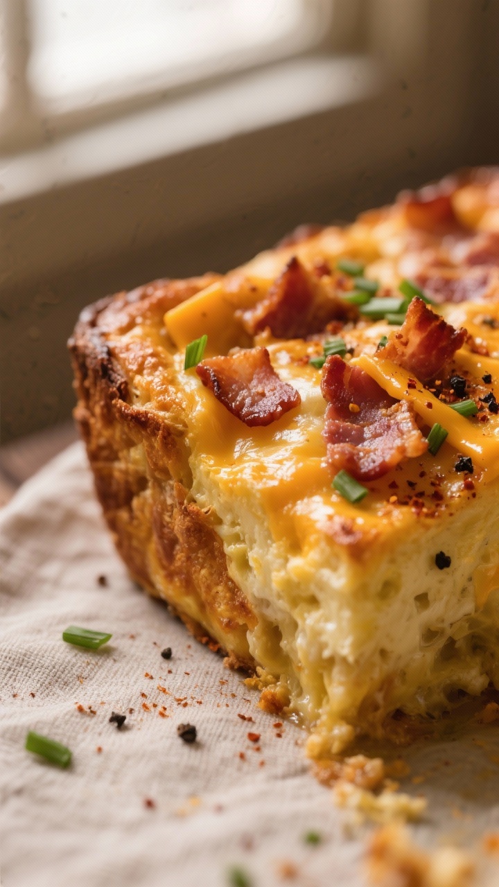 Close-up detail: A golden, puffed breakfast casserole corner just out of the oven, showcasing crispy