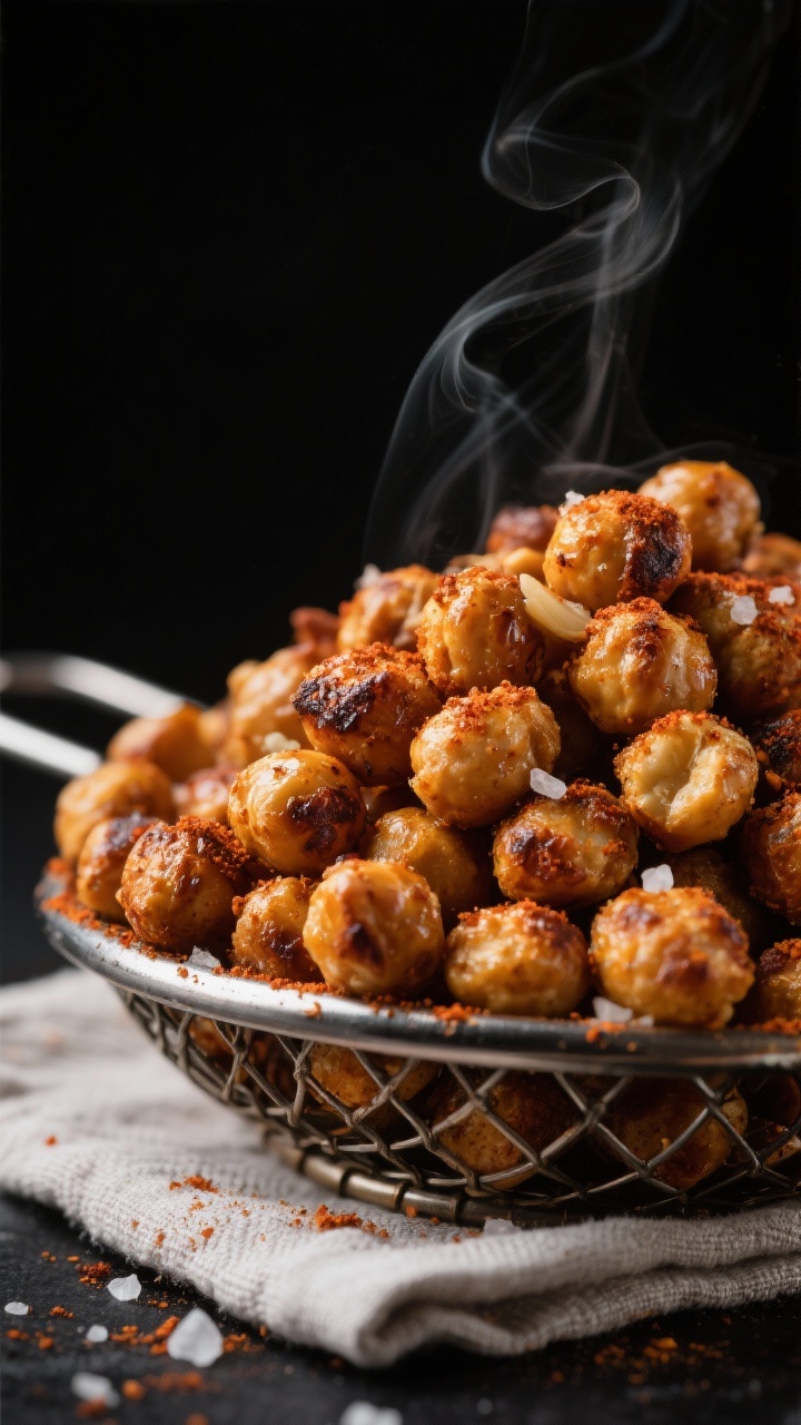 Close-up detail: A heap of air-fried chickpeas just out of the basket, deep golden-brown with bliste