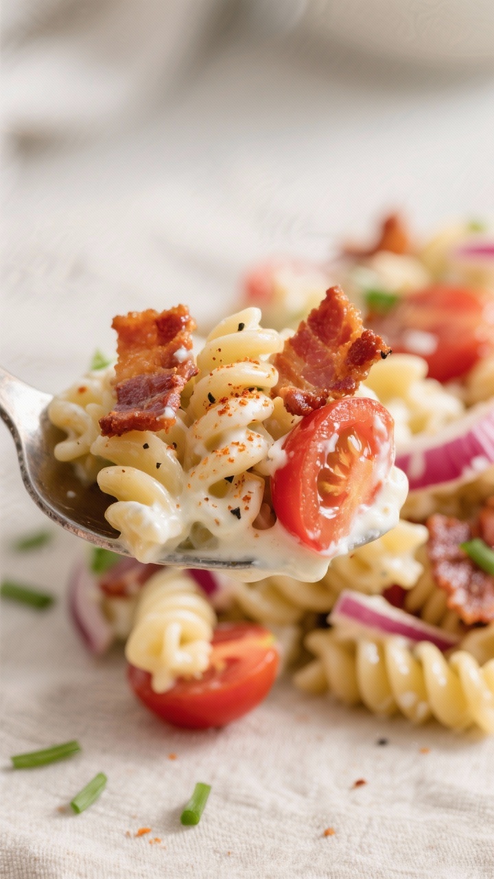 Close-up detail: A heaping spoonful of creamy BLT pasta salad just after tossing, showcasing bouncy 