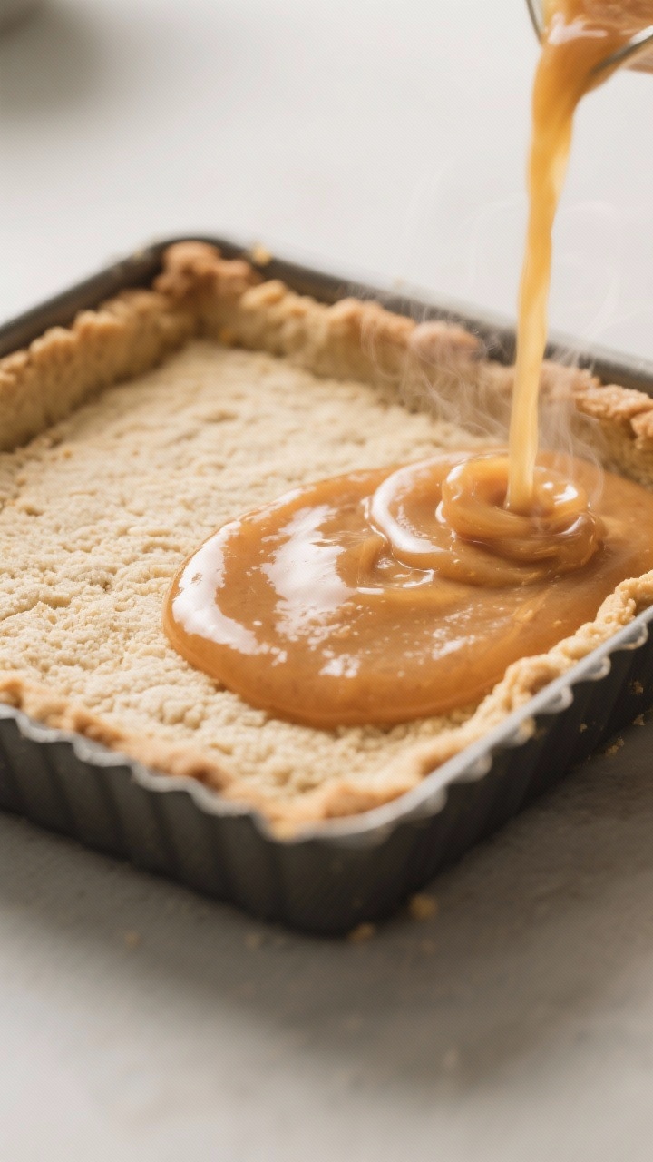 Close-up detail: A just-baked almond flour shortbread crust in the lined 8x8 pan, edges lightly gold