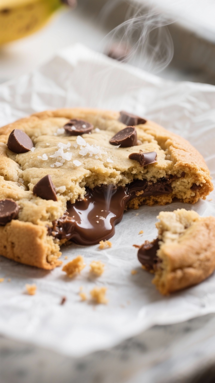 Close-up detail: A just-baked banana chocolate chip cookie broken open on a parchment-lined sheet, s