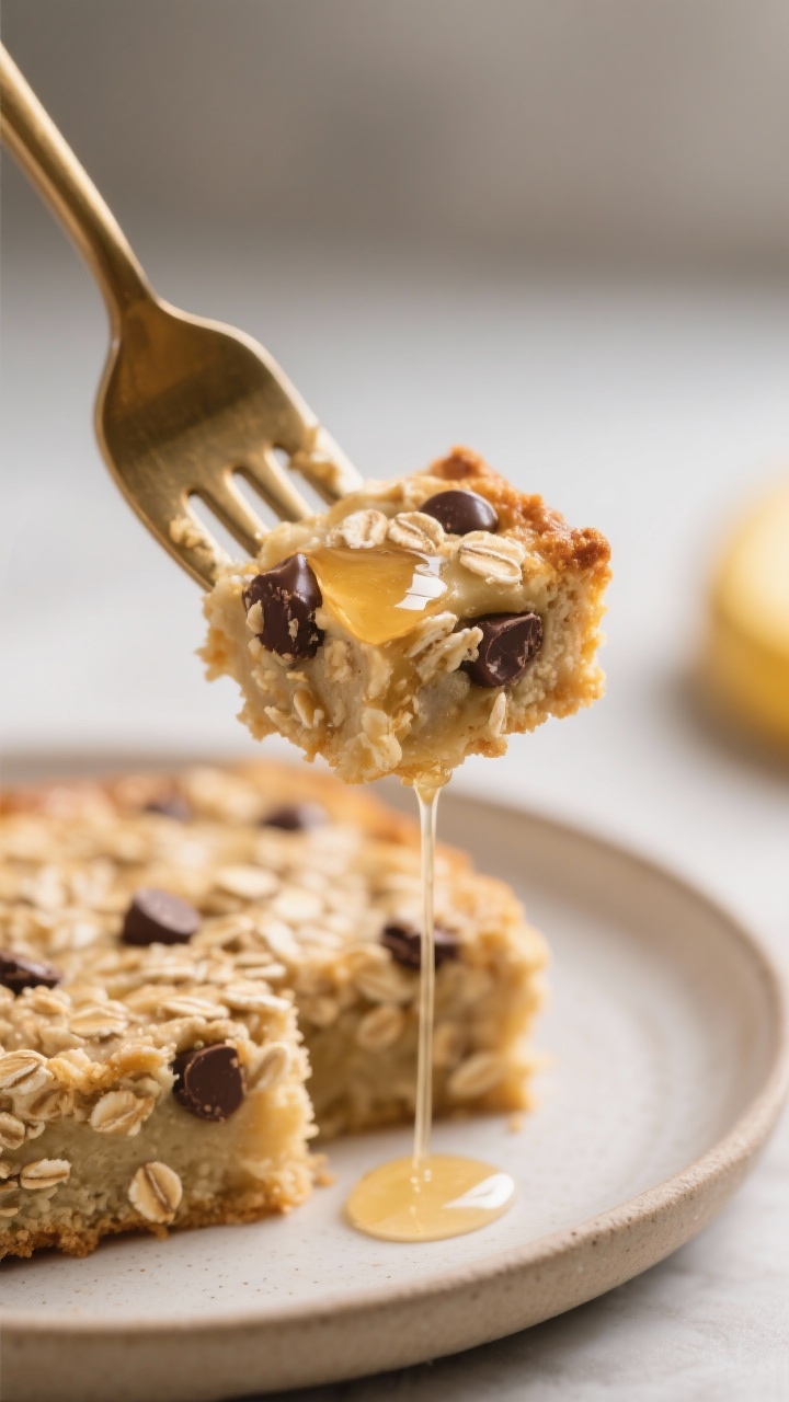 Close-up detail: A just-baked banana oatmeal bake square on a fork, showing moist, custard-like inte