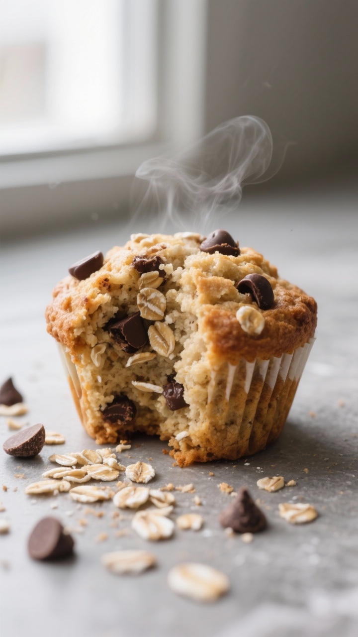 Banana Oatmeal Muffins Using Overripe Bananas: The One-Bowl Breakfast Hack You’ll Actually Crave Close-up detail: A just-baked banana oatmeal muffin torn open to reveal a moist, tender crumb with v