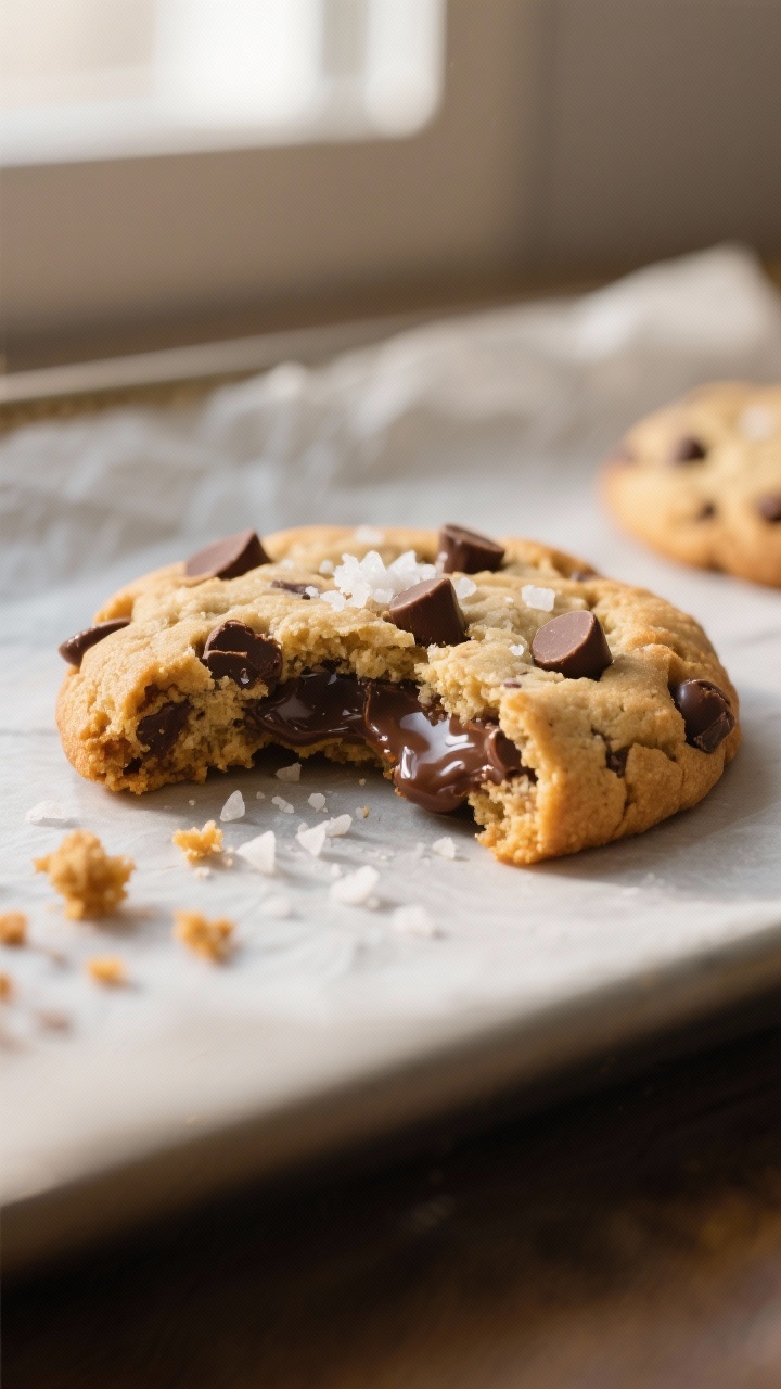 Close-up detail: A just-baked keto chocolate chip cookie torn in half, showing a soft, chewy center 