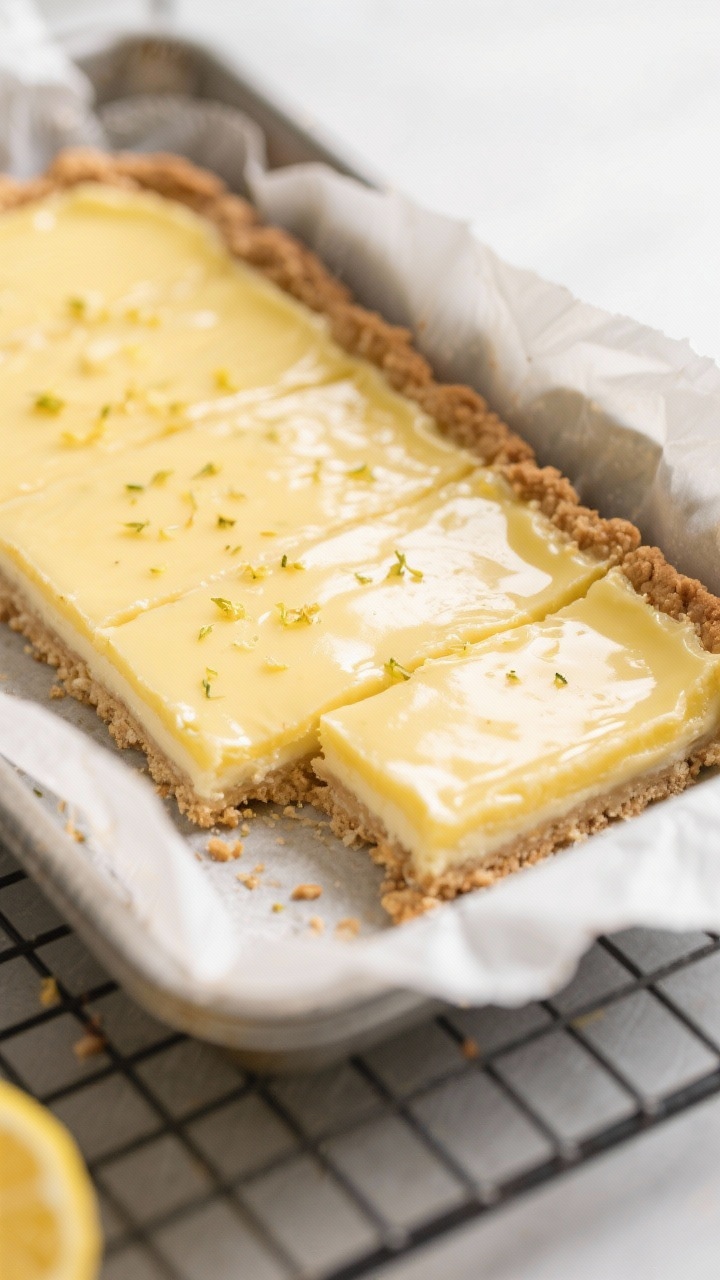 Close-up detail: A just-baked pan of keto lemon bars cooling on a rack, lemon custard layer softly s
