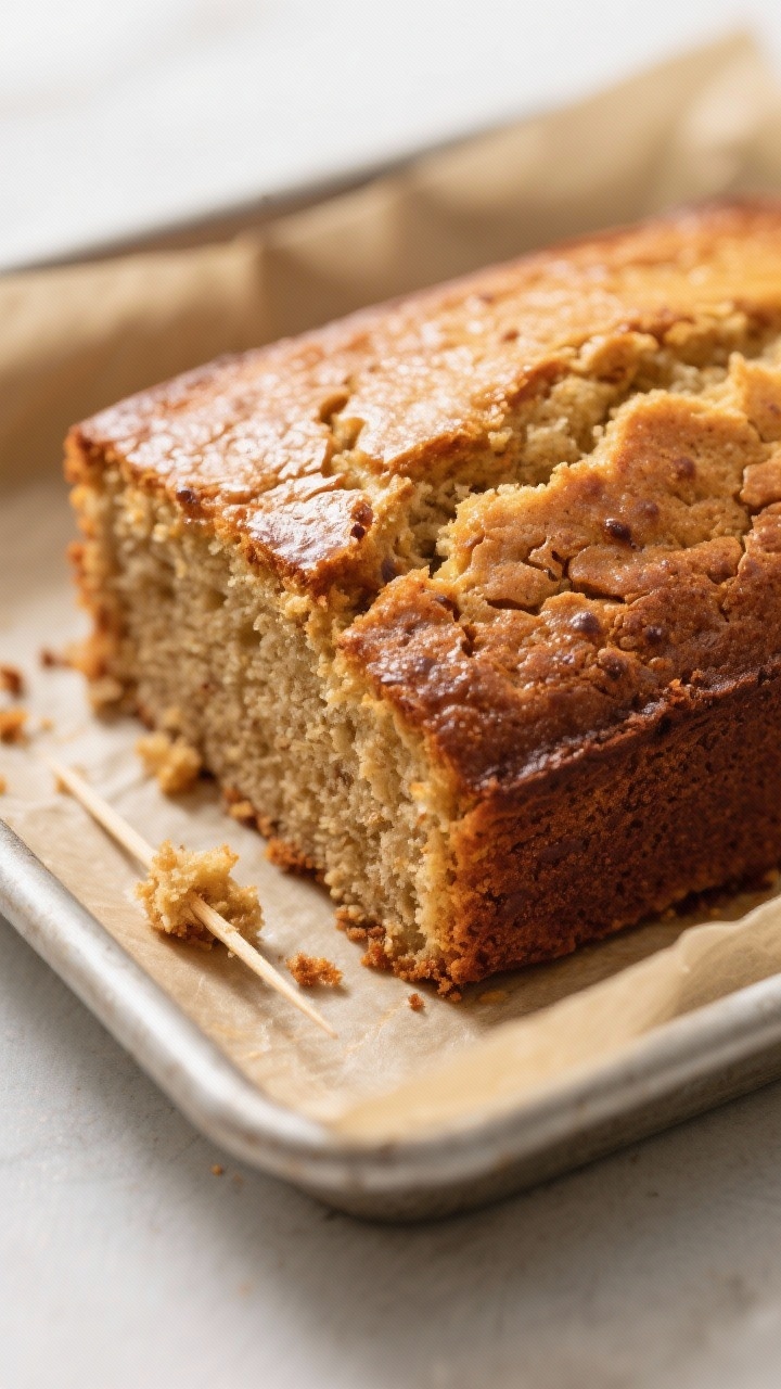 Close-up detail: A just-baked slab of One-Bowl Banana Bread Squares lifted from an 8x8 pan on parchm