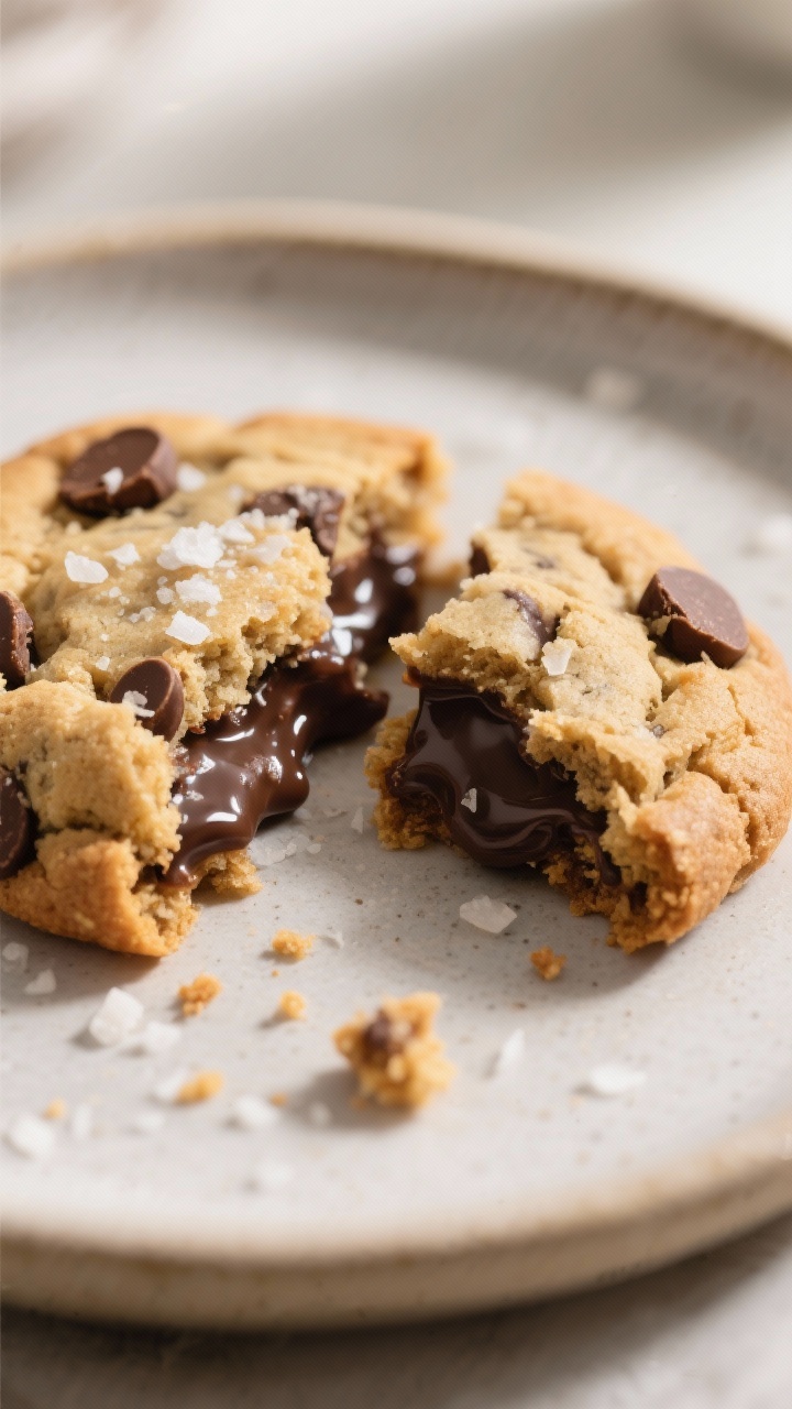 Close-up detail: A just-baked vegan gluten-free chocolate chip cookie broken in half, showing gooey 