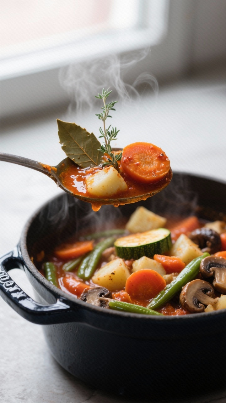 Close-up detail: A ladle lifting cooked garden vegetable stew from a Dutch oven, showcasing tender c