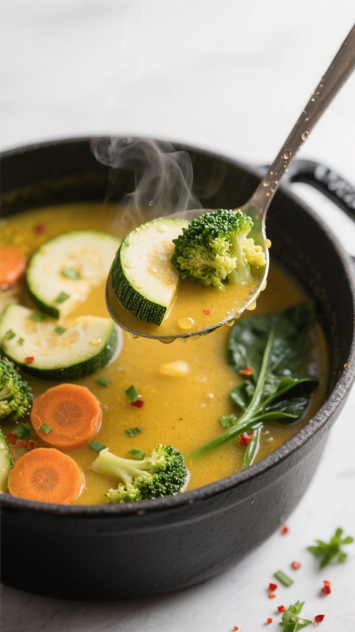 Close-up detail: A ladle lifting steaming detox soup from a matte black Dutch oven, showcasing tende