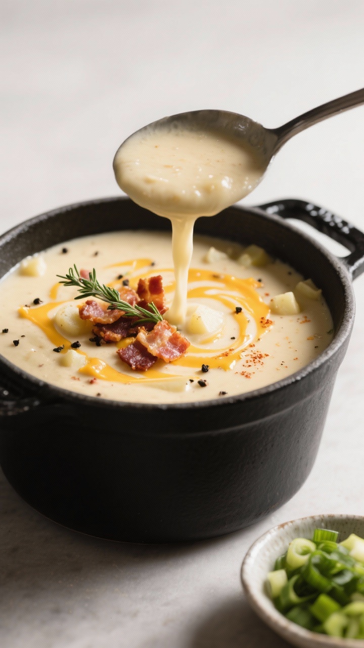 Close-up detail: A ladle pouring silky blended bacon potato soup back into a matte black Dutch oven,
