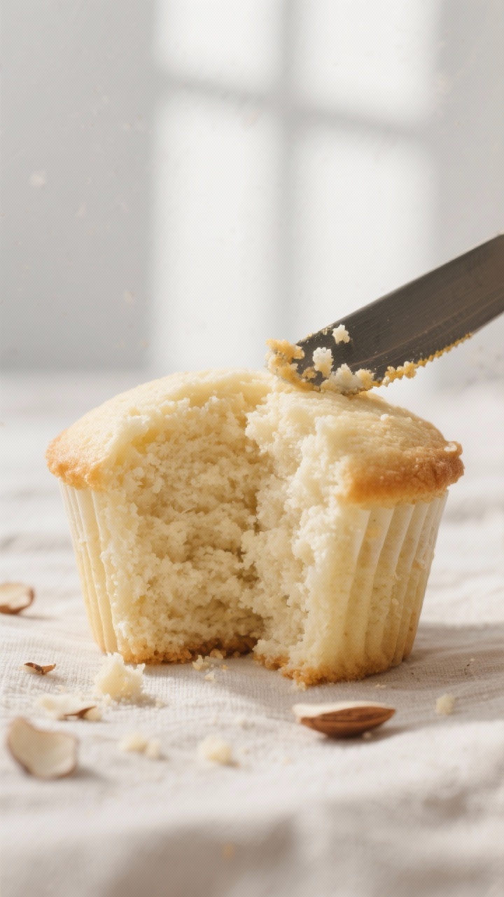 Close-up detail: A single baked keto vanilla cupcake sliced in half to reveal a cloud-soft, tender c
