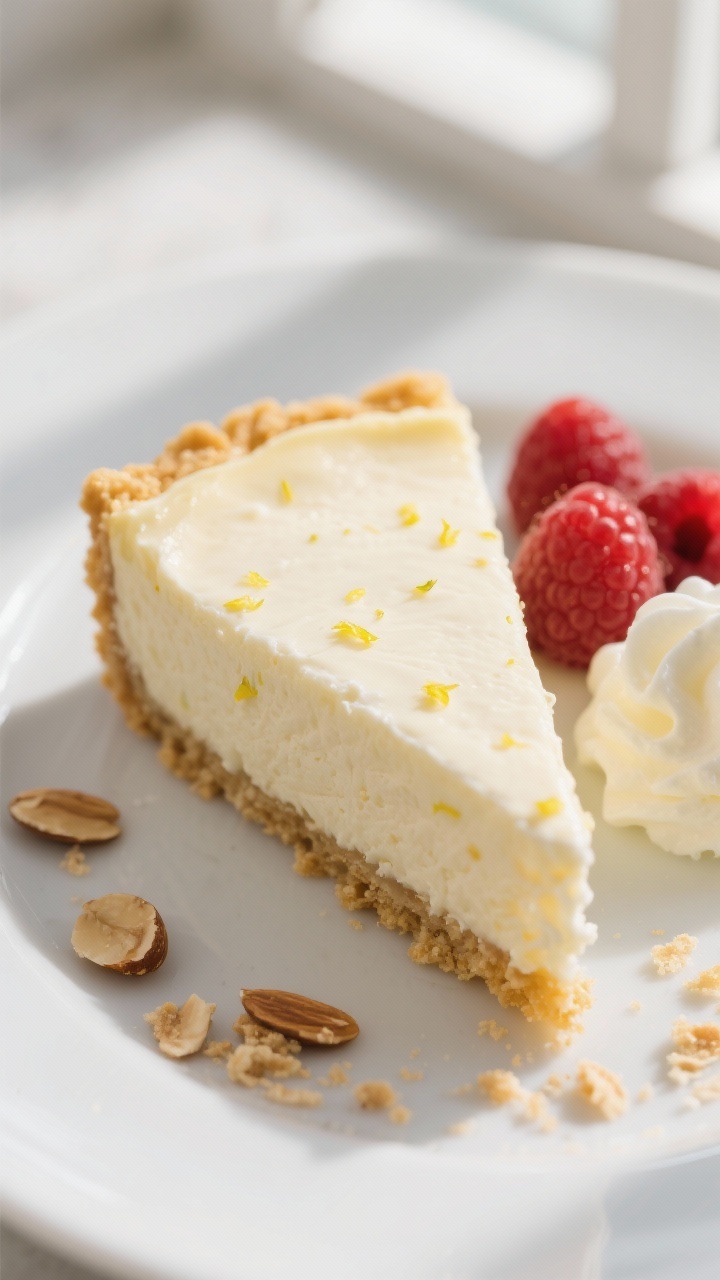 Close-up detail: A slice of keto cheesecake with a clean, sharp edge resting on a golden almond flou