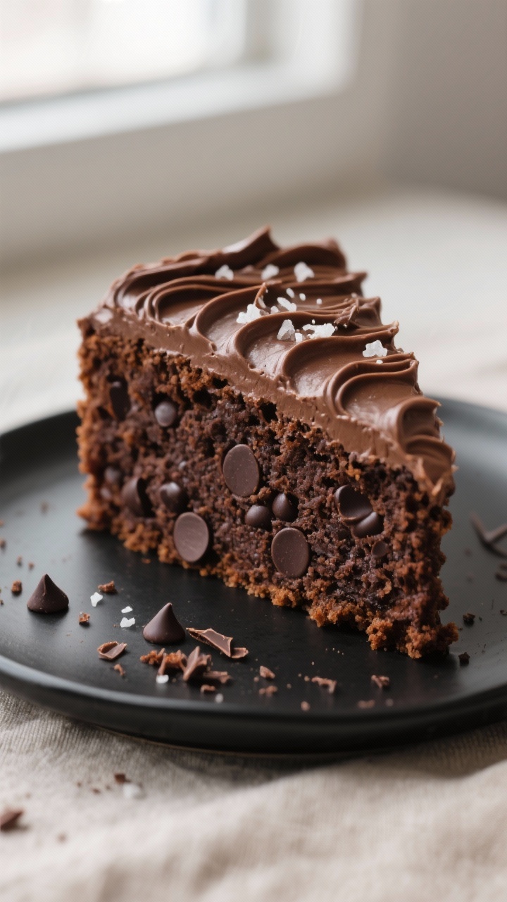 Close-up detail: A slice of moist vegan gluten-free chocolate cake just cut, showing a tender, ultra