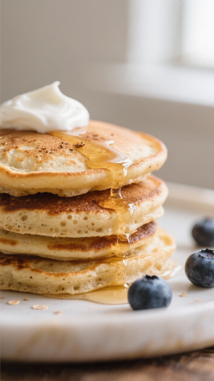 Close-up detail: A small stack of golden, cooked banana-oat pancakes fresh off the skillet, edges se