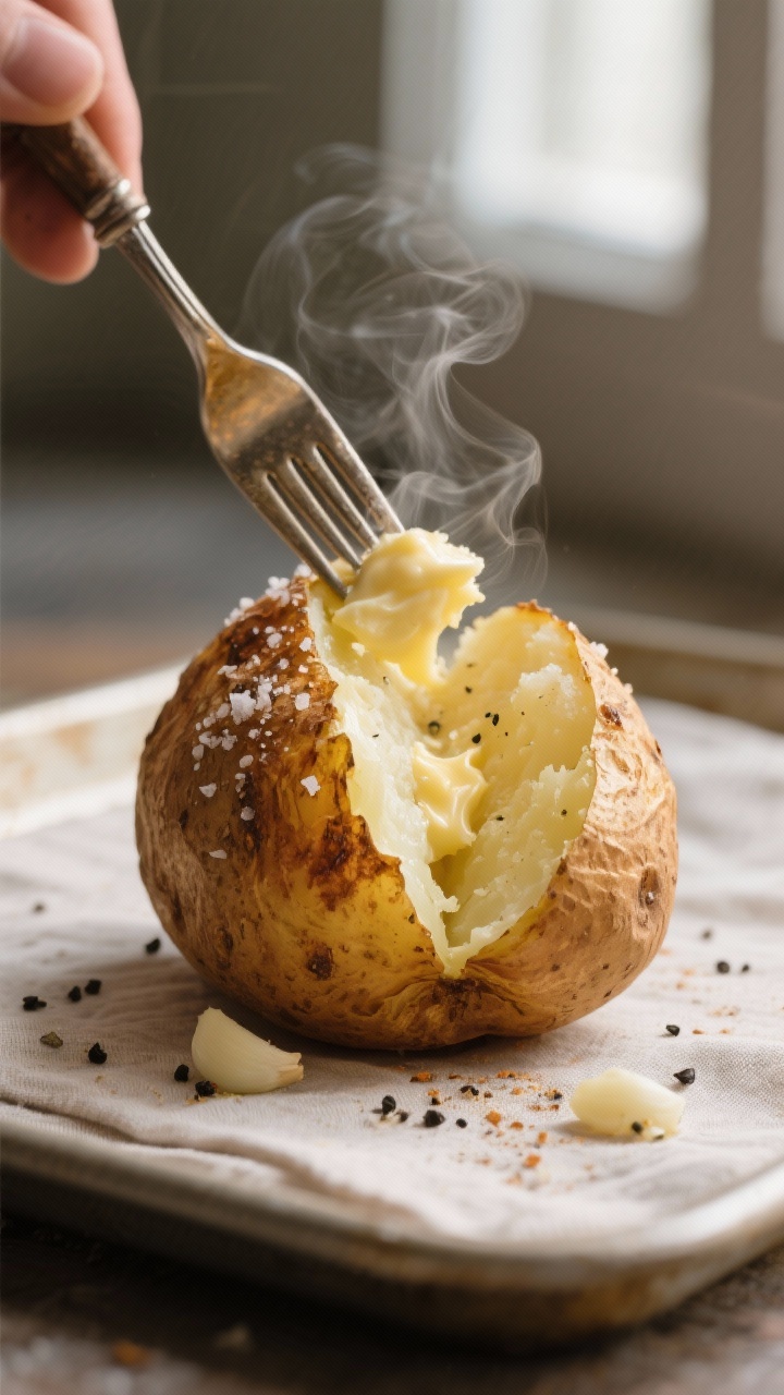 Close-up detail: A split-open russet baked potato with ultra-crispy, salted skin and a fluffy, steam