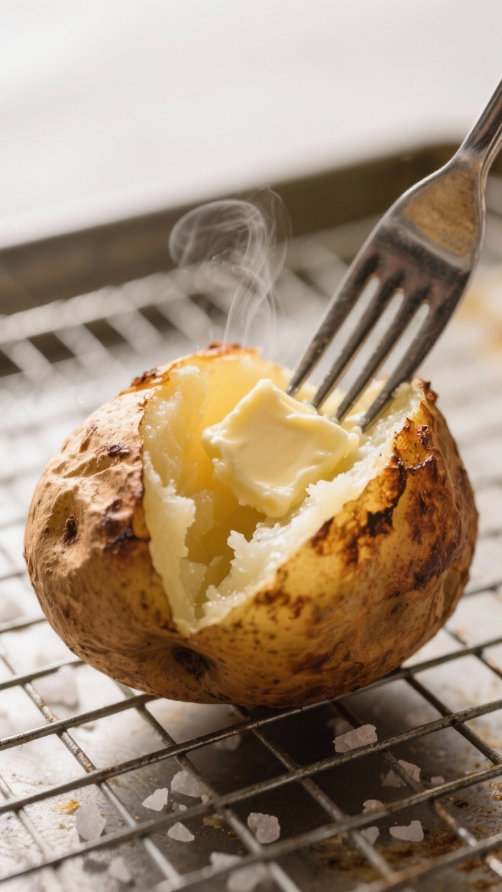Close-up detail: A split-open russet potato fresh from the oven with ultra-crispy, blistered skin an