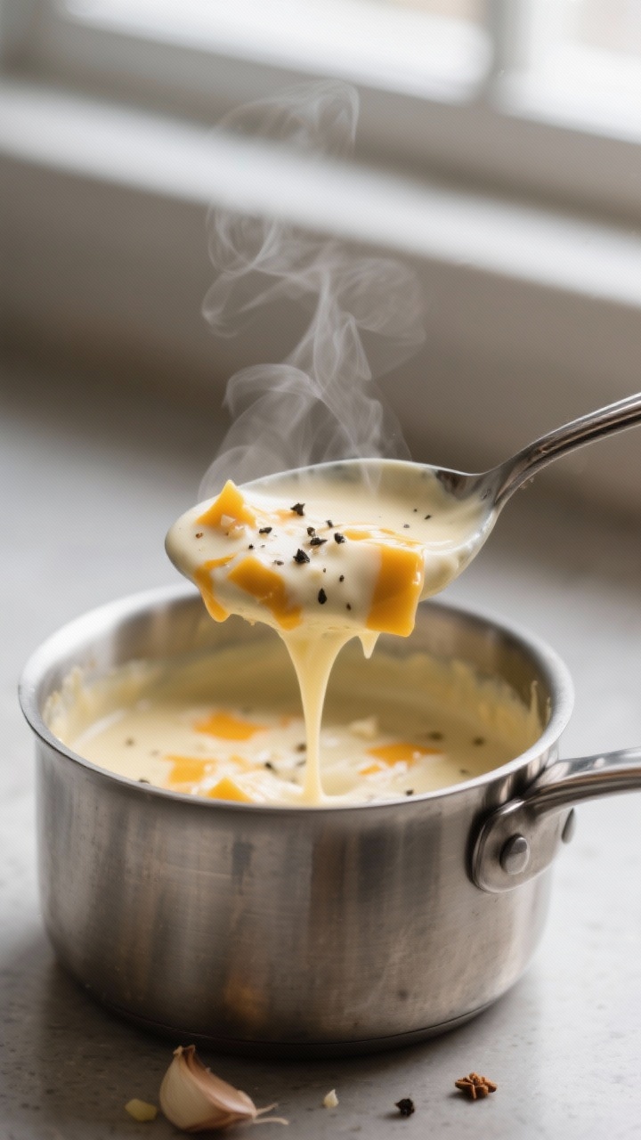 Close-up detail: A spoon lifting creamy cheese sauce from a saucepan, showing silky béchamel textur