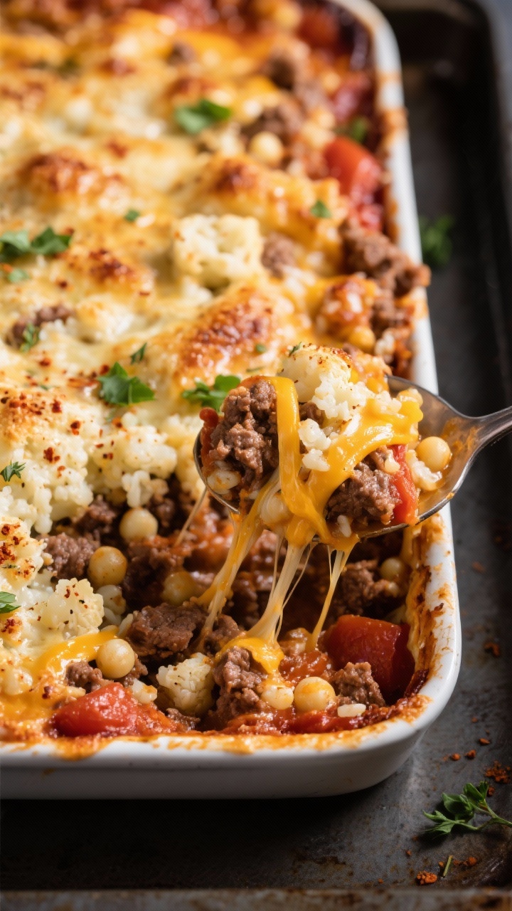 Close-up detail: A spoon scooping into the baked low-carb ground beef and cauliflower rice casserole