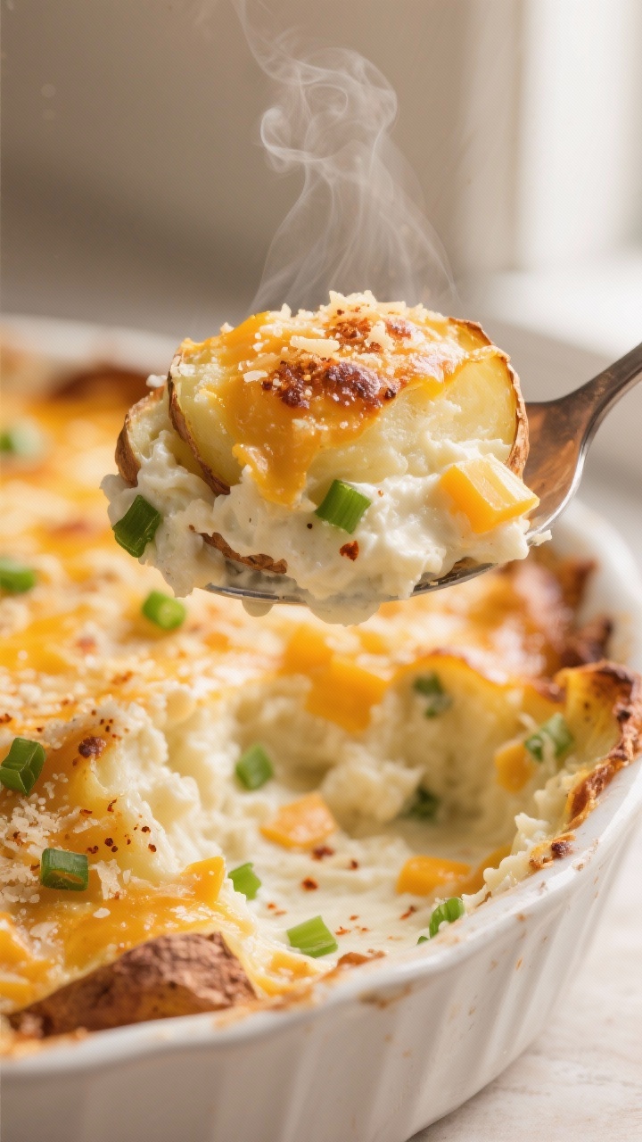 Close-up detail: A spoonful lifted from a freshly baked Twice Baked Potatoes Casserole, showing the 