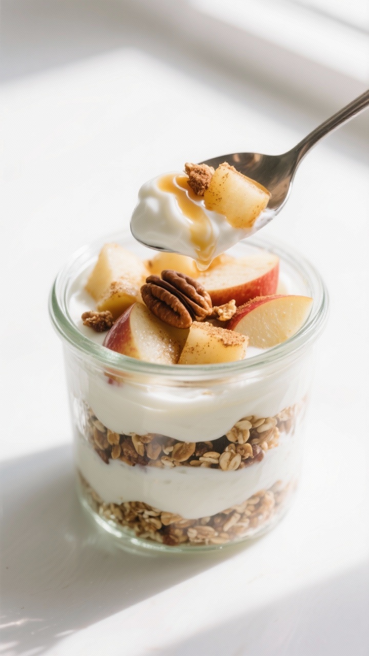 Healthy Apple Yogurt Parfaits from Leftover Apples: The 5-Minute Breakfast Hack You’ll Actually Crave Close-up detail: A spoonful of Greek yogurt layered with cinnamon-tossed sautéed apple cubes slidin