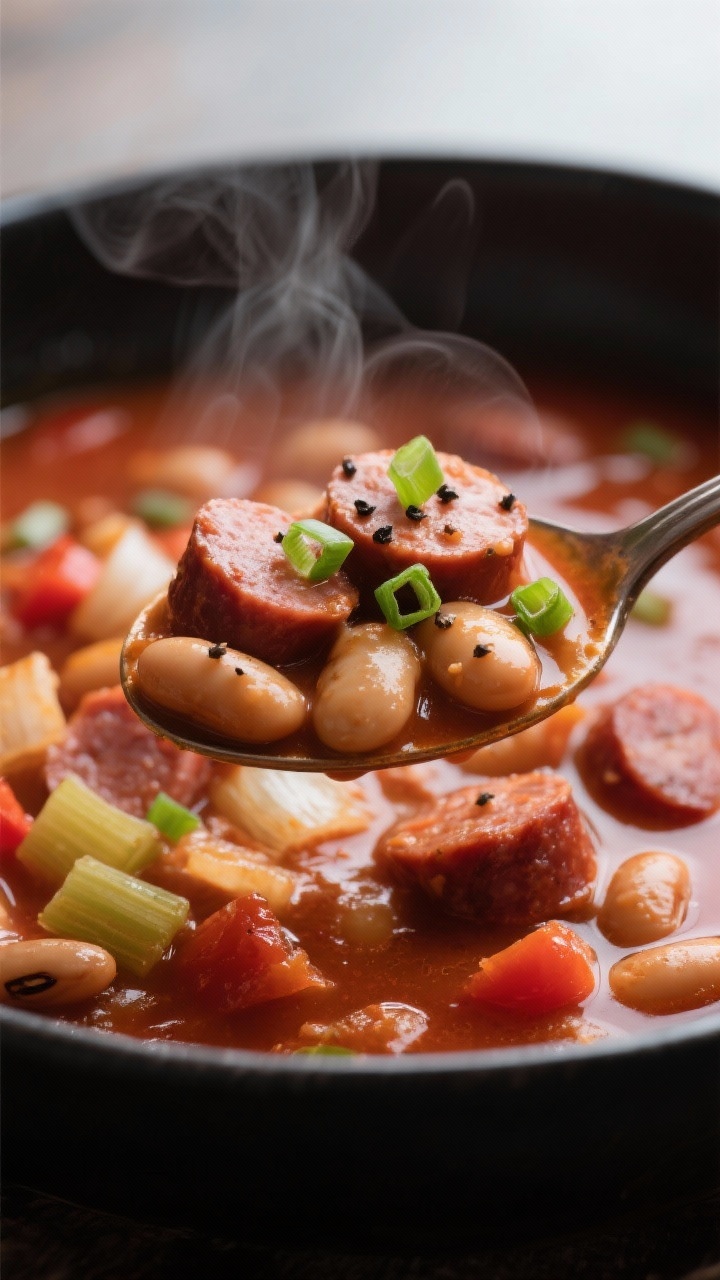 Close-up detail: A spoonful of tender slow-cooked pinto and great northern beans with sliced andouil