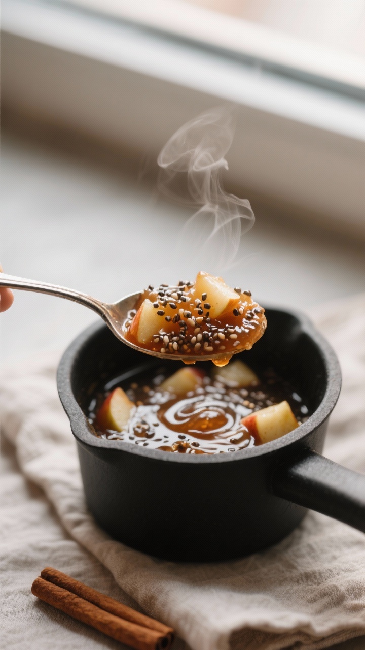 Apple Chia Jam Made from Leftover Apples: The 15-Minute Breakfast Upgrade You Didn’t Know You Needed Close-up detail: A spoonful of warm apple chia jam being lifted from a small saucepan, glossy and th