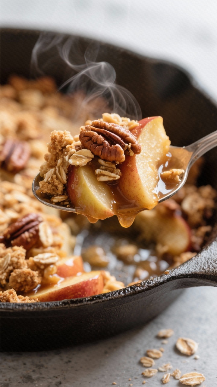 Close-up detail: A spoonful of warm vegan gluten-free apple crisp lifted from the pan, showcasing ja