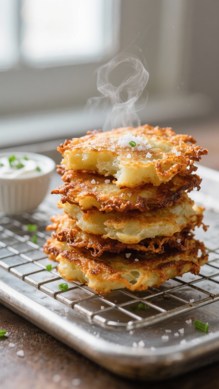 Close-up detail: A stack of freshly fried potato latkes made from leftover boiled potatoes, ultra-cr