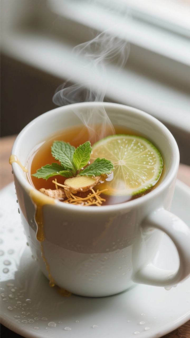 Close-up detail: A steaming mug of Ginger-Mint Belly Soother just after steeping, strained and poure