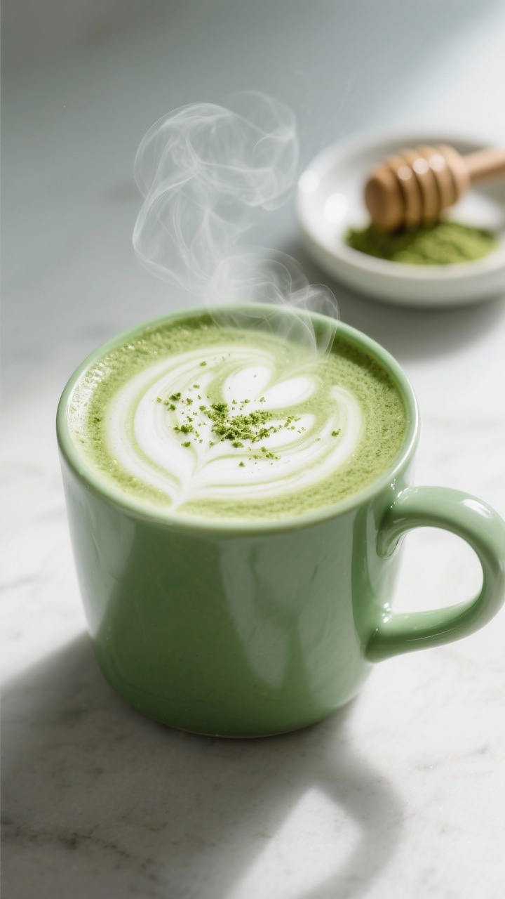 Close-up detail: A steaming mug of Matcha Calm Latte with silky microfoam, vibrant jade-green color,