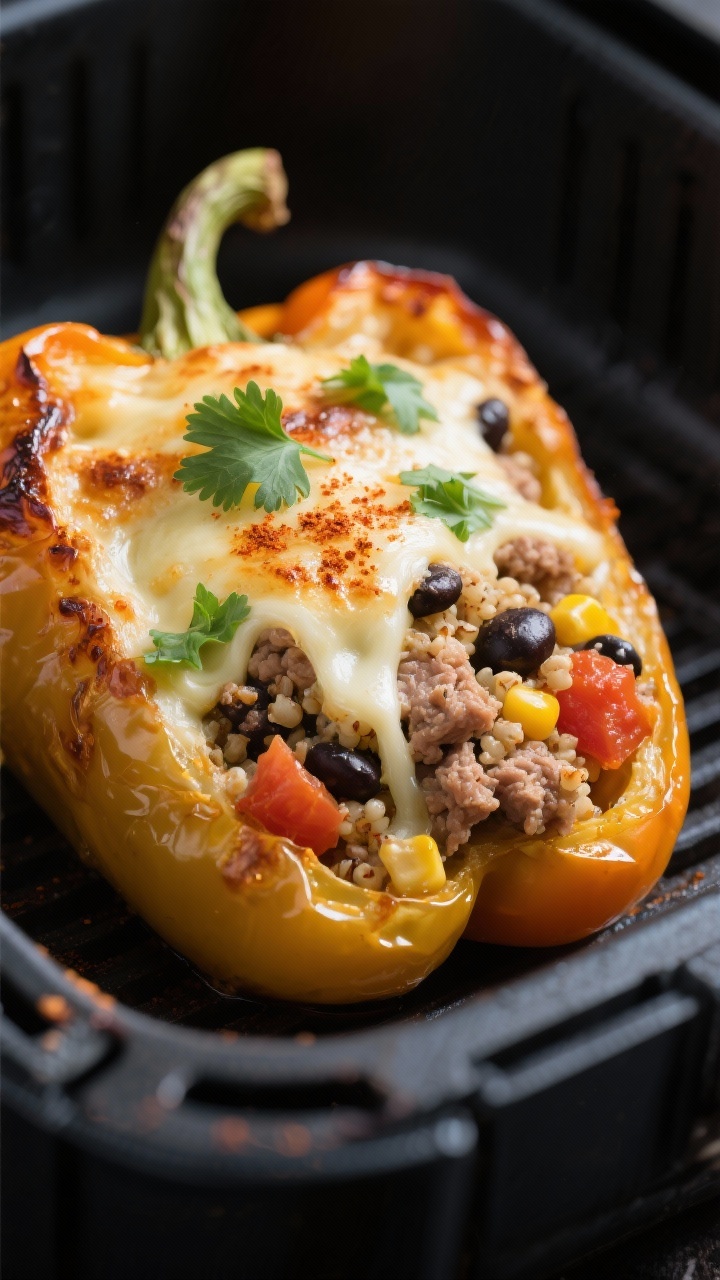 Close-up detail: A stuffed bell pepper just out of the air fryer, cheese lightly browned and bubblin