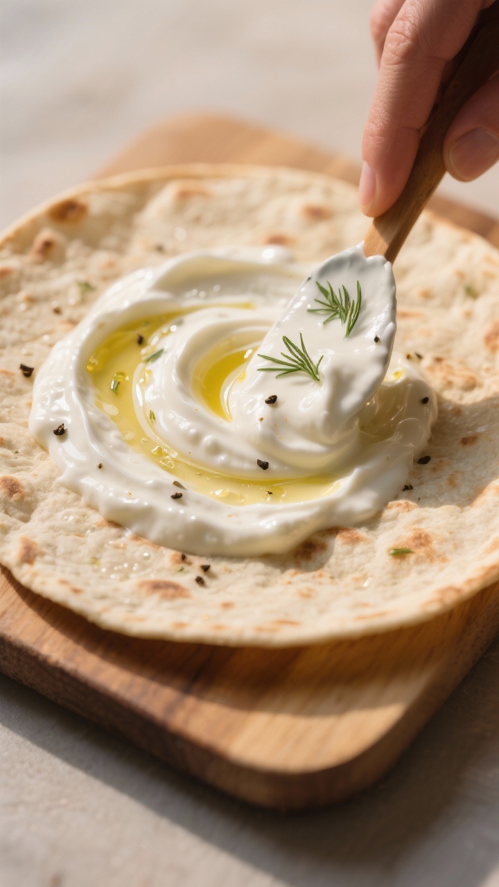 Close-up detail: A warm tortilla on a board being spread with a glossy swirl of tangy garlic yogurt 