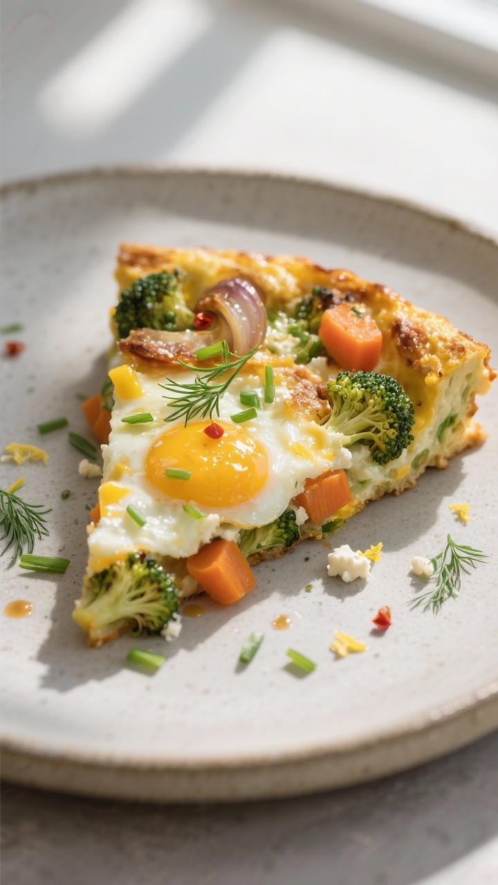 Veggie Packed Frittata with Roasted Leftover Vegetables: The Zero-Waste Brunch Hack Your Fridge Has Been Begging For Close-up detail: A wedge of veggie-packed frittata just sliced, showing creamy custard-like eggs wit
