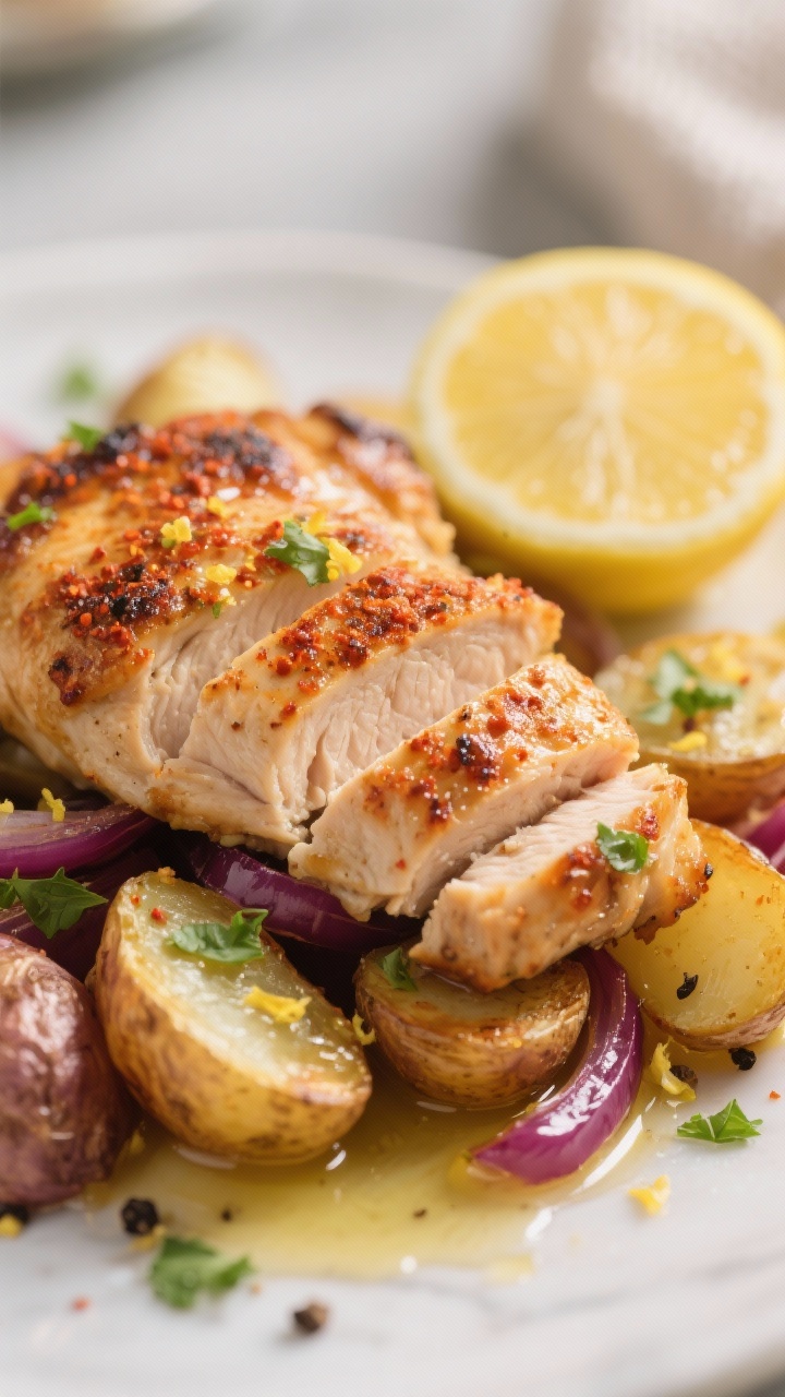 Close-up detail: Air-fried lemon garlic chicken thigh sliced to show juicy interior with lightly cha