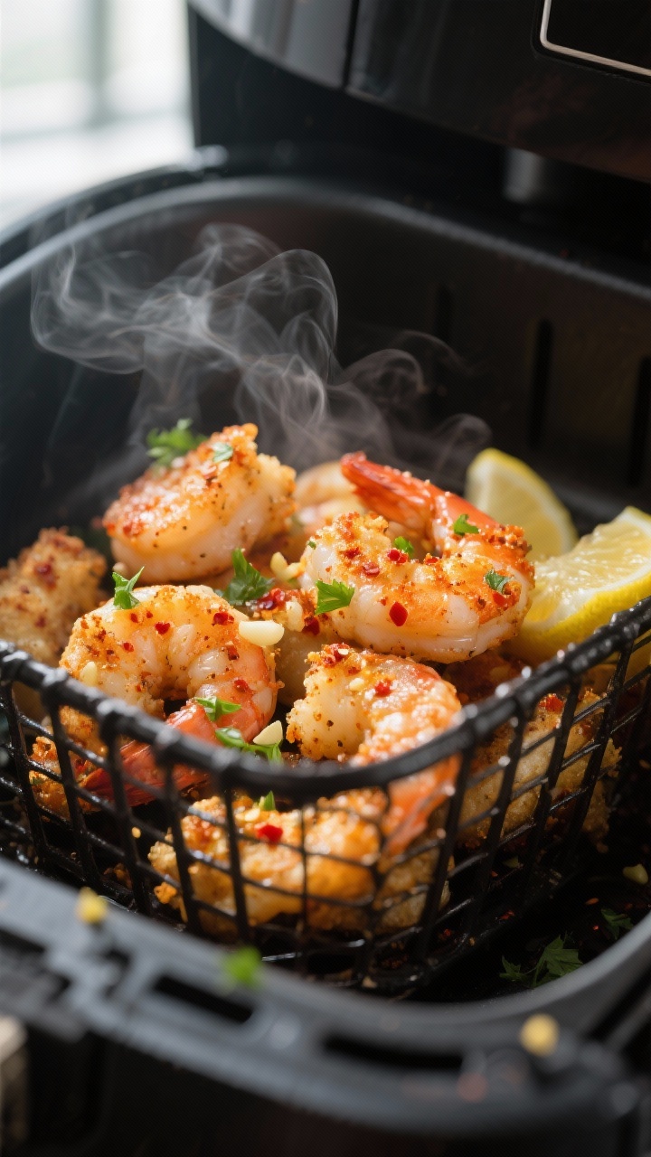 Close-up detail: Air-fried shrimp just out of the basket, lightly crisp edges with paprika-garlic cr