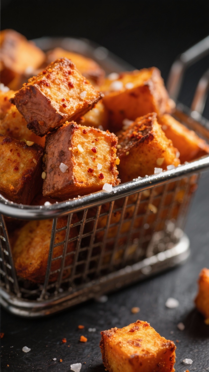 Close-up detail: Air-fried sweet potato cubes just out of the basket, edges deeply caramelized and c