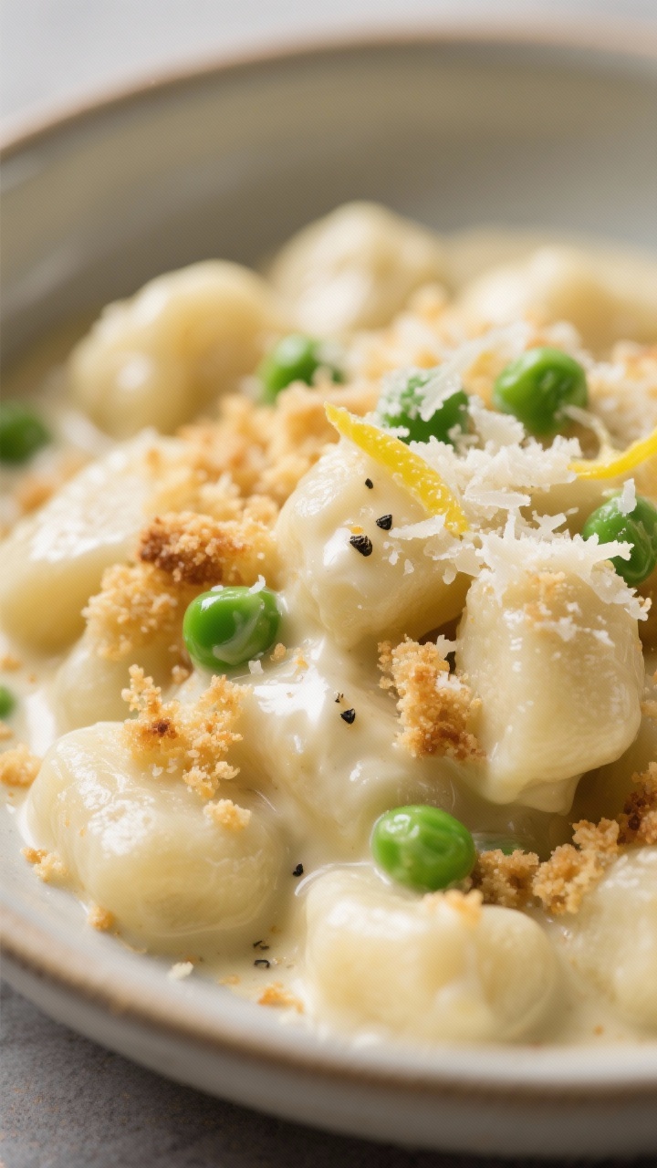 Close-up detail – Alfredo Gnocchi with Crispy Breadcrumbs: Macro close-up of pillowy gnocchi coate