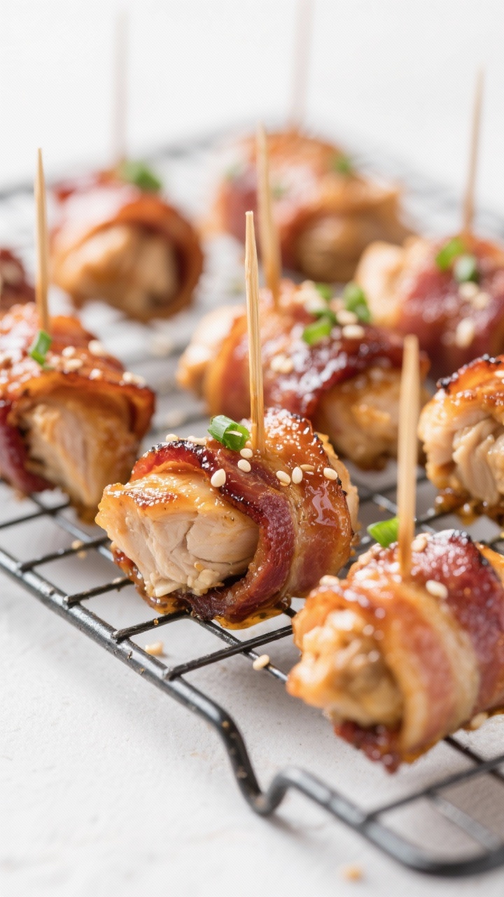 Close-up detail: Bacon-wrapped leftover chicken bites just out of the air fryer, ultra-crispy bacon 