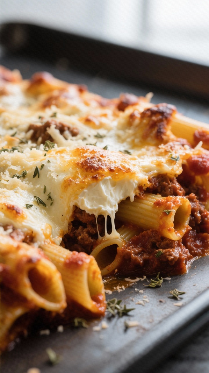 Close-up detail: Baked ziti fresh from the oven with bubbling, golden-brown mozzarella and Parmesan,