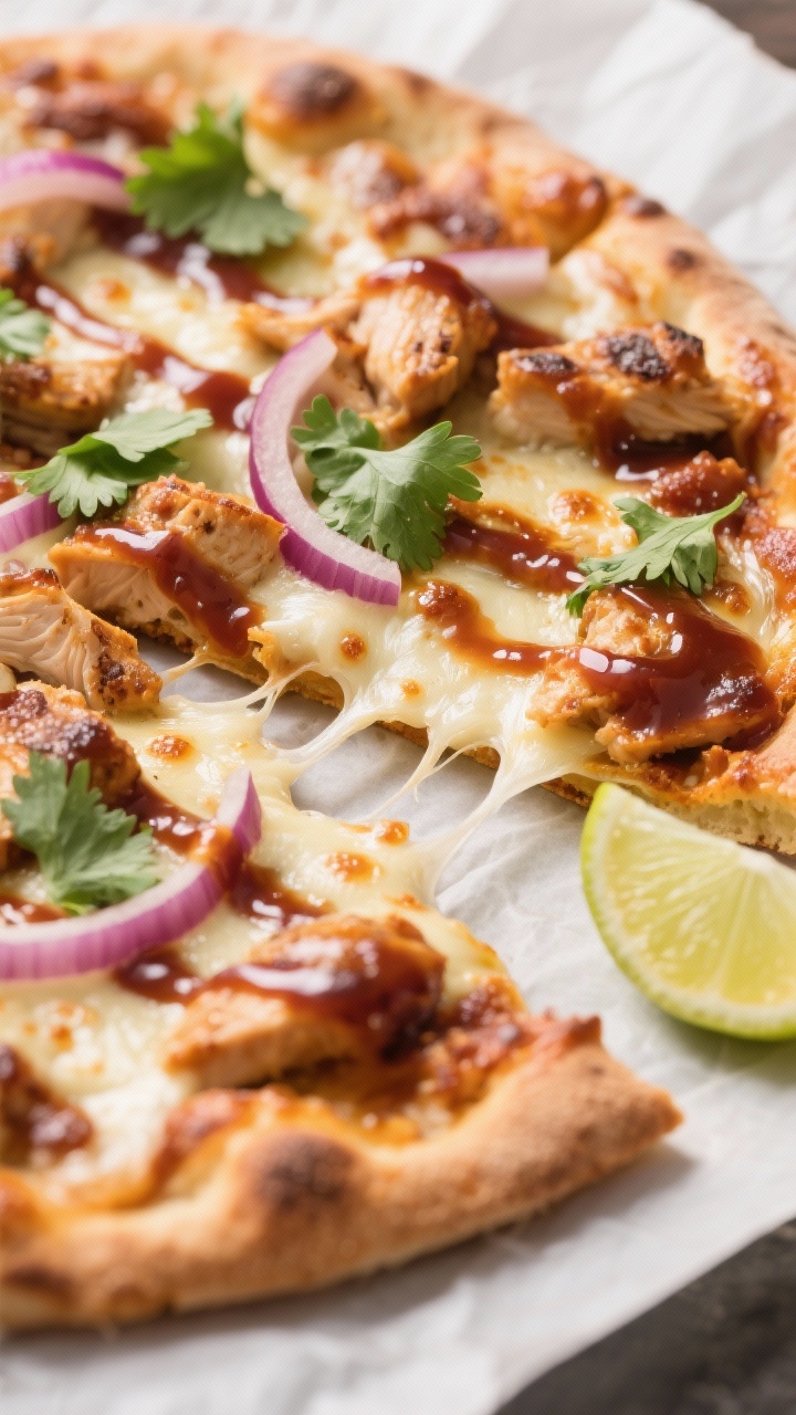 Close-up detail – BBQ Chicken Flatbread: Tight close-up of a just-baked BBQ chicken flatbread on a
