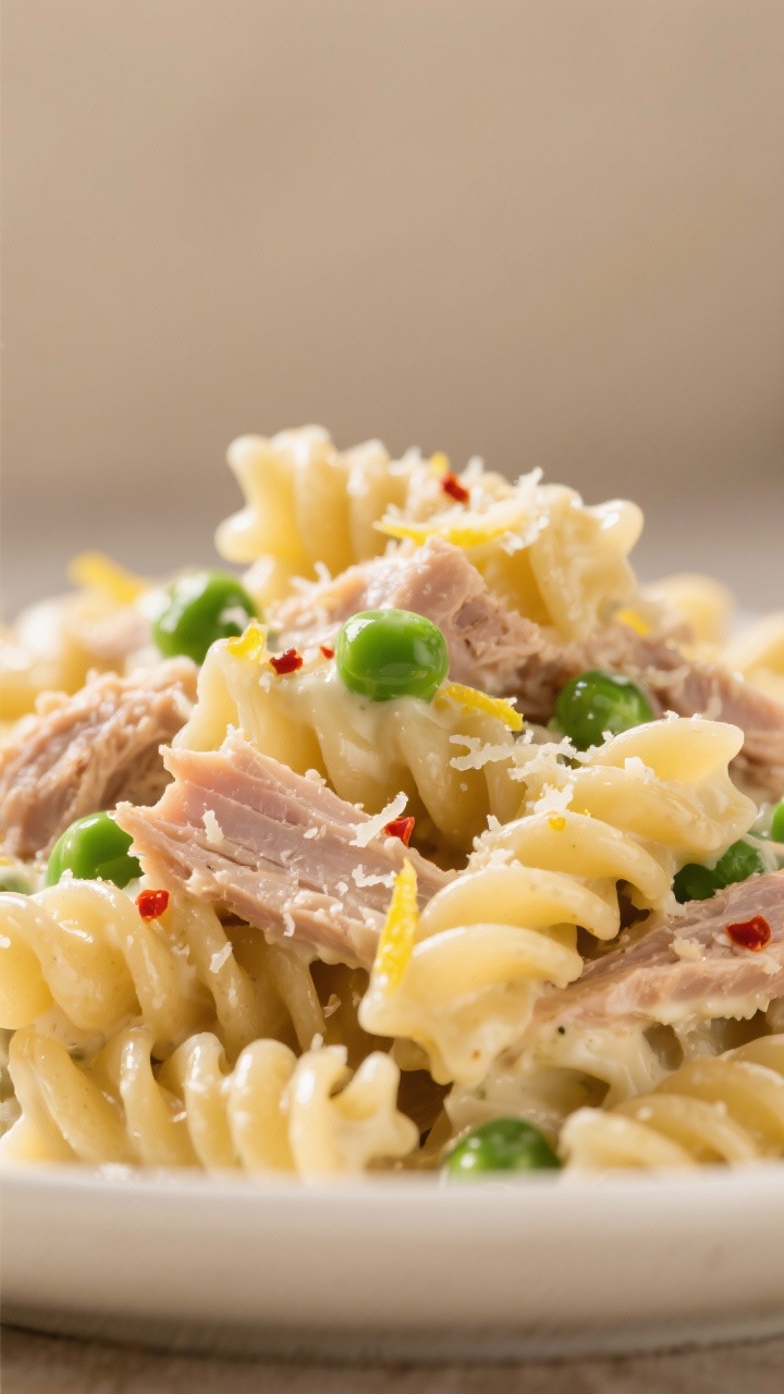Close-up detail: Bite-coated fusilli tossed in ultra-creamy Parmesan sauce with tender tuna flakes a