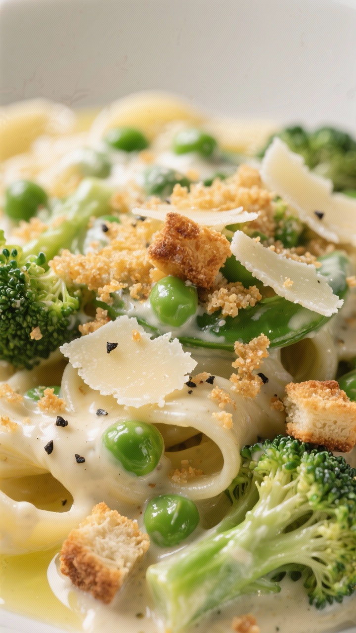 Close-up detail: Broccoli-Pea Alfredo with crunch, extreme close-up of tender-crisp broccoli and swe