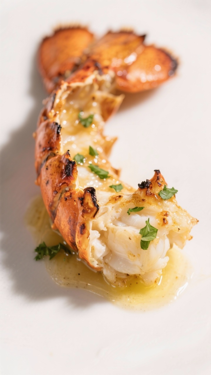 Close-up detail: Broiled lobster tail meat pulled slightly from the shell, glistening with melted ga