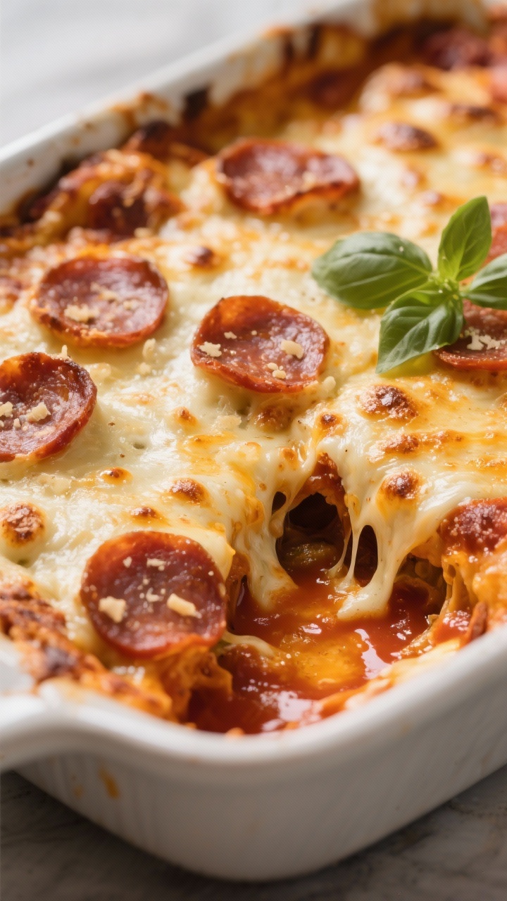 Close-up detail — bubbly cheese and pepperoni: Tight macro of the casserole just out from under th