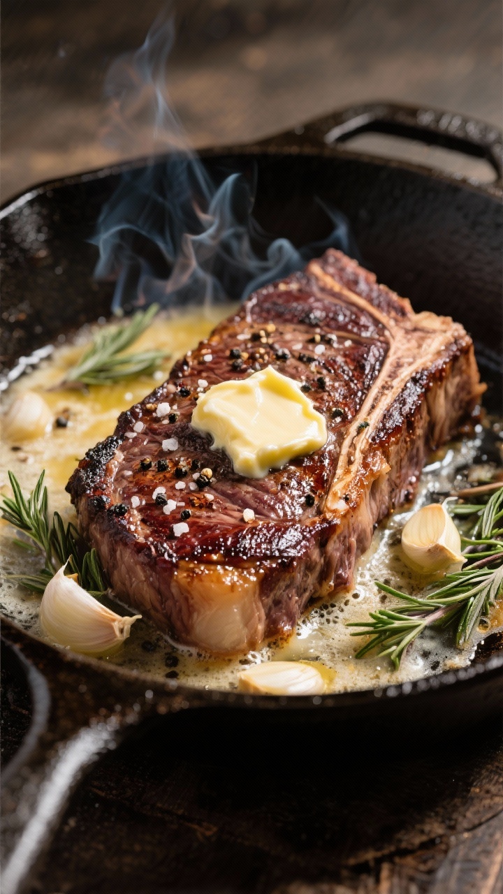 Close-up detail: Butter-basted ribeye mid-sear in a roaring-hot cast-iron skillet, deep mahogany cru